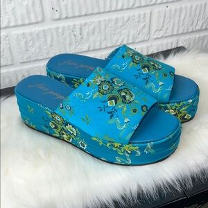 Free People Teal Floral Platform Slide Sandals